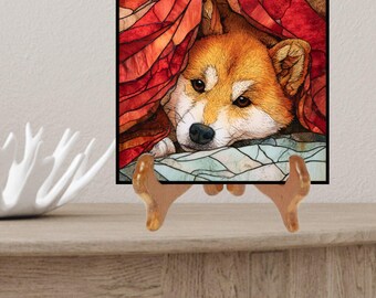 Shiba Inu Under the Blanket Ceramic Tile thumbnail 2