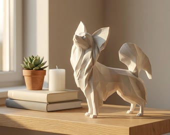 Papillon Sculpture, Low-Poly Geometric Dog Statue, Matte White PLA, 4 to 8 Inch
