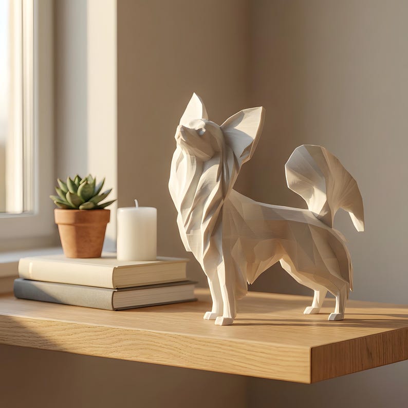 Papillon Low-Poly Geometric Dog Statue