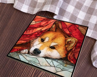 Shiba Inu Under the Blanket Ceramic Tile thumbnail 4