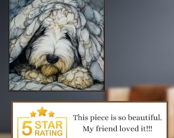 Old English Sheepdog Under the Blanket Ceramic Tile thumbnail 3