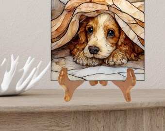 English Cocker Spaniel Under the Blanket Ceramic Tile thumbnail 2