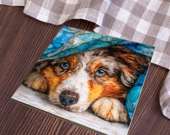 Australian Shepherd Under the Blanket Ceramic Tile thumbnail 4