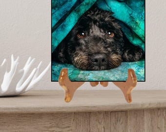 Portuguese Water Dog Under the Blanket Ceramic Tile thumbnail 2