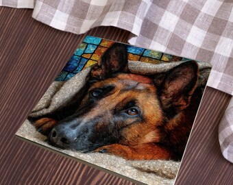Belgian Malinois Under the Blanket Ceramic Tile thumbnail 4