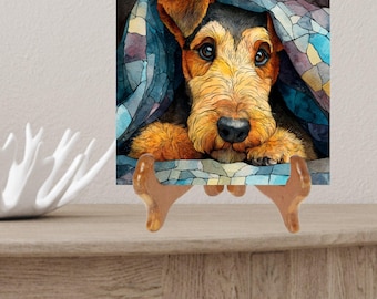 Airedale Terrier Under the Blanket Ceramic Tile thumbnail 2