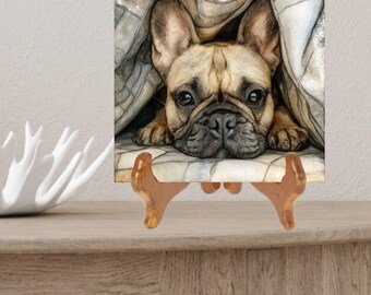 French Bulldog Under the Blanket Ceramic Tile thumbnail 2