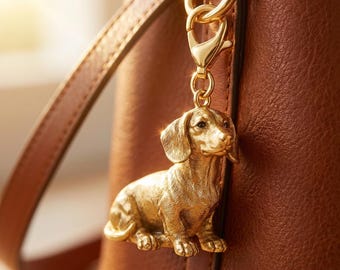 Dachshund Purse Charm, Gold Dog Sculpture Bag Charm, Dachshund Lover Gift, Lobster Clasp, 2 Inch