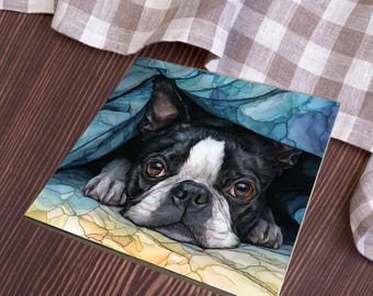 Boston Terrier Under the Blanket Ceramic Tile thumbnail 4