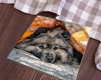 Keeshond Under the Blanket Ceramic Tile thumbnail 4