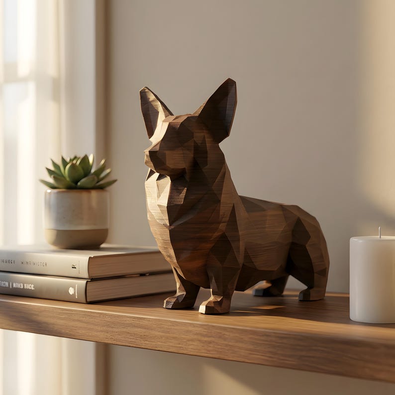 Pembroke Welsh Corgi Low-Poly Geometric Dog Statue
