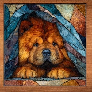 May include: A stained glass artwork featuring a Chow Chow dog with a fluffy, reddish-brown coat. The dog is framed by a mosaic of blue, brown, and orange glass, set within a wooden frame. The artwork has a detailed, textured appearance.