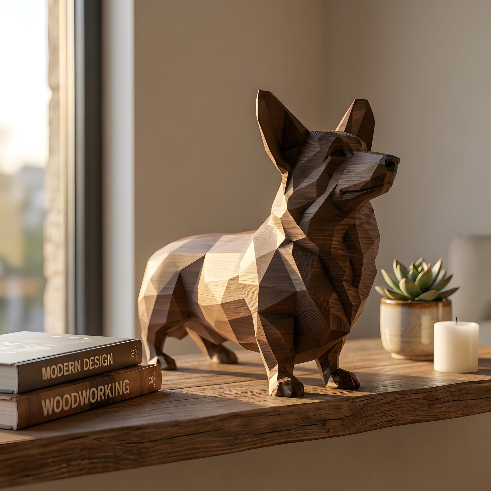 Cardigan Welsh Corgi Low-Poly Geometric Dog Statue