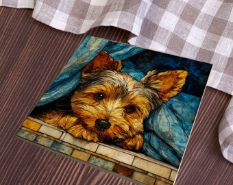Yorkshire Terrier Under the Blanket Ceramic Tile thumbnail 4