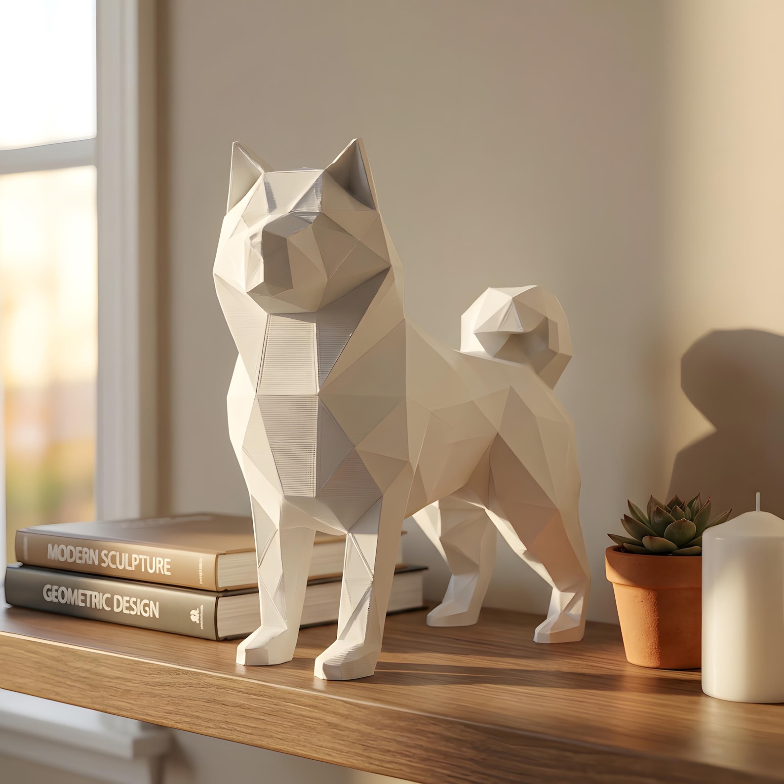 Akita Low-Poly Geometric Dog Statue