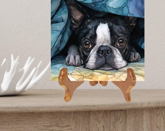 Boston Terrier Under the Blanket Ceramic Tile thumbnail 2