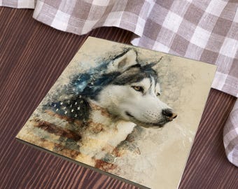 Huskador USA Flag Patriotic Dog Ceramic Tile thumbnail 3