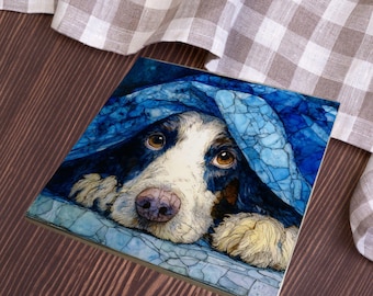 English Setter Under the Blanket Ceramic Tile thumbnail 4