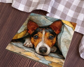 Rat Terrier Under the Blanket Ceramic Tile thumbnail 4