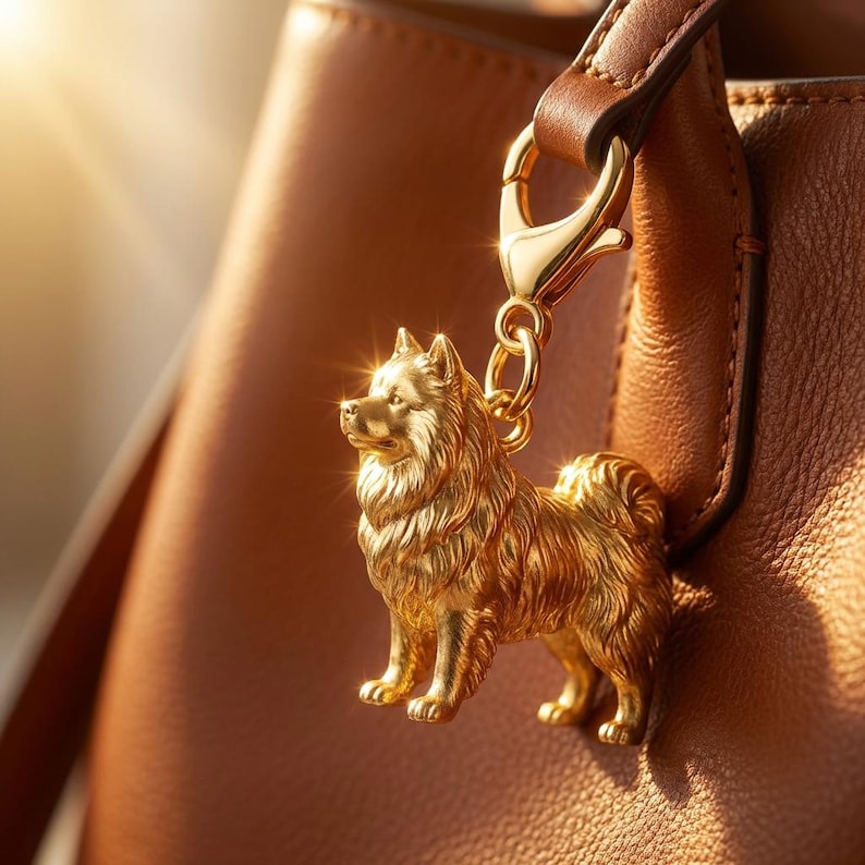 Keeshond Gold Dog Sculpture Bag Charm