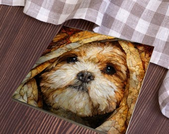 Lhasa Apso Under the Blanket Ceramic Tile thumbnail 4
