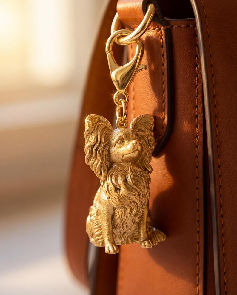 Papillon Gold Dog Sculpture Bag Charm