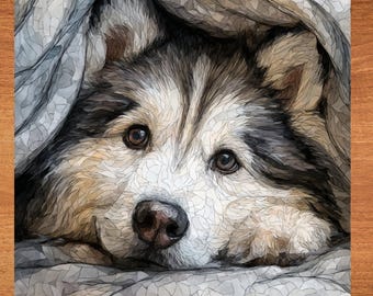 Alaskan Malamute Under the Blanket Ceramic Tile thumbnail 1