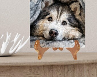 Alaskan Malamute Under the Blanket Ceramic Tile thumbnail 2