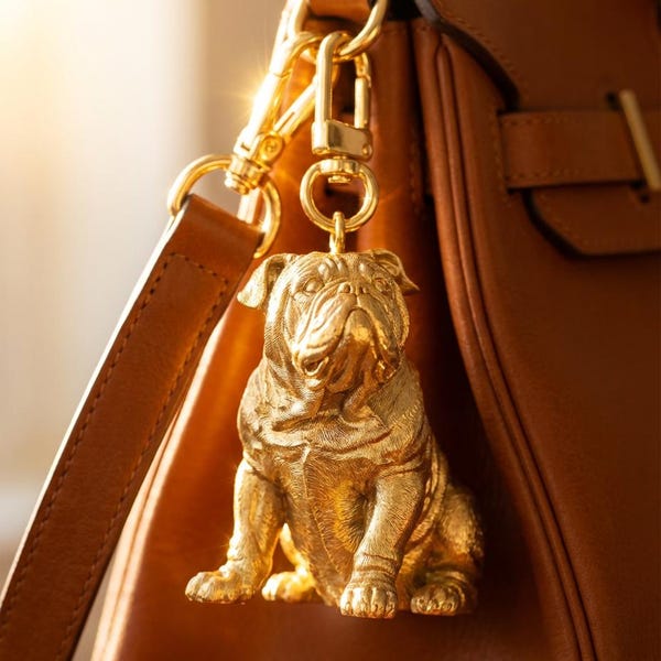 English Bulldog Purse Charm, Gold Dog Sculpture Bag Charm, English Bulldog Lover Gift, Lobster Clasp, 2 Inch