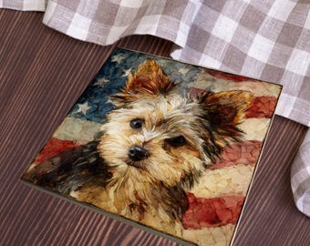 Yorkipoo USA Flag Patriotic Dog Ceramic Tile thumbnail 3