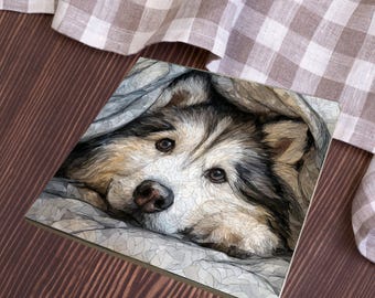 Alaskan Malamute Under the Blanket Ceramic Tile thumbnail 4