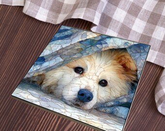 American Eskimo Dog Under the Blanket Ceramic Tile thumbnail 4
