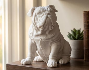 English Bulldog Sculpture, Realistic Seated Dog Statue, Matte White PLA, 4 to 8 Inch