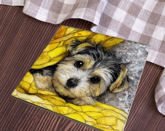 Morkie Under the Blanket Ceramic Tile thumbnail 4