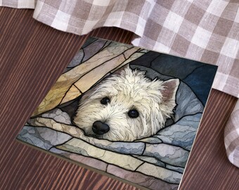 West Highland White Terrier Under the Blanket Ceramic Tile thumbnail 4