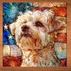 May include: A square artwork featuring a dog with a fluffy, light-colored coat, set against a backdrop resembling the American flag. The flag design incorporates blue, red, and white elements, with stars and bursts of light.