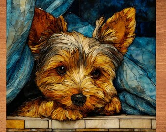 Yorkshire Terrier Under the Blanket Ceramic Tile thumbnail 1
