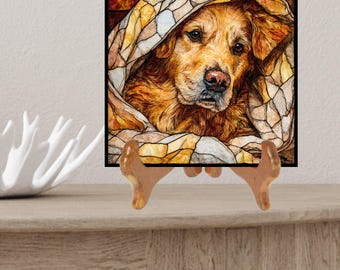 Golden Retriever Under the Blanket Ceramic Tile thumbnail 2