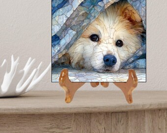 American Eskimo Dog Under the Blanket Ceramic Tile thumbnail 2