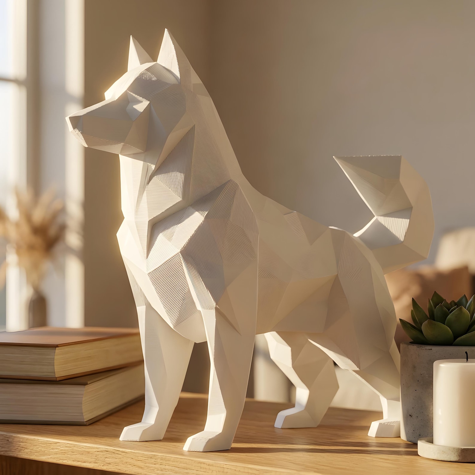 Siberian Husky Low-Poly Geometric Dog Statue