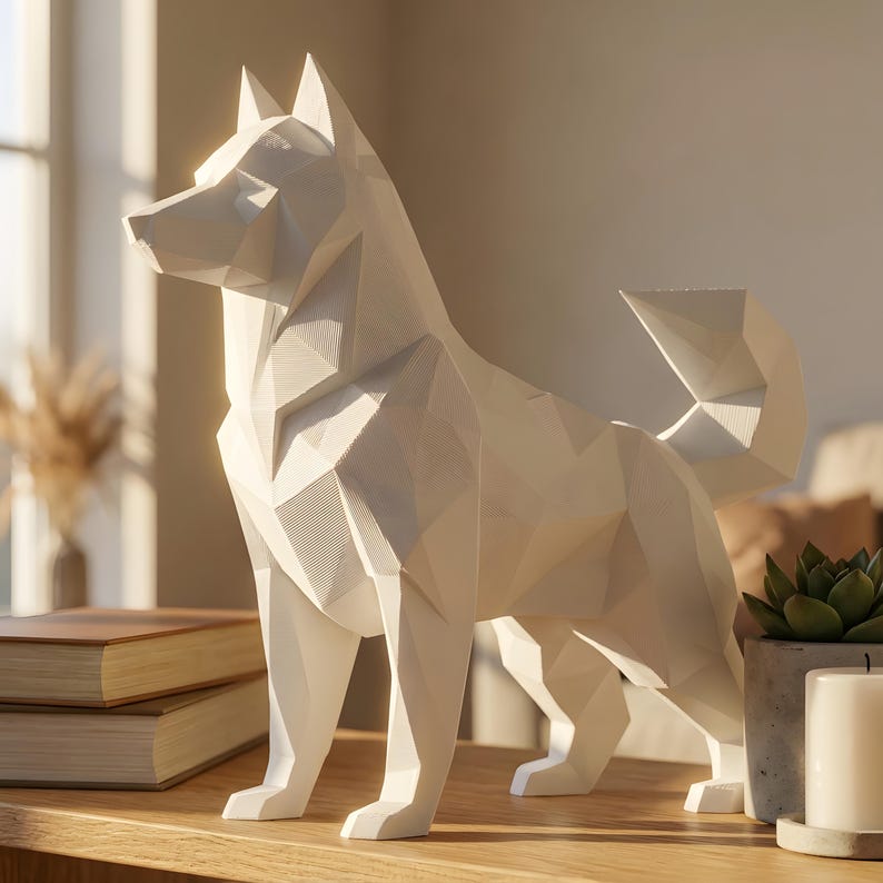Siberian Husky Low-Poly Geometric Dog Statue