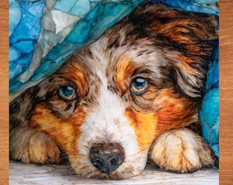 Australian Shepherd Under the Blanket Ceramic Tile thumbnail 1