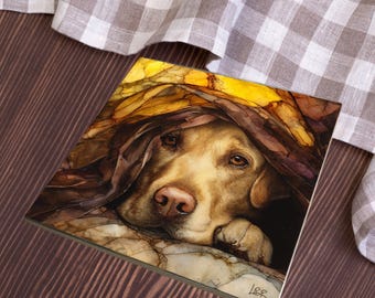 Labrador Retriever Under the Blanket Ceramic Tile thumbnail 4