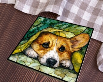 Pembroke Welsh Corgi Under the Blanket Ceramic Tile thumbnail 4