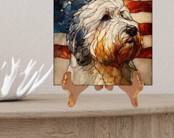 Old English Sheepdog USA Flag Patriotic Dog Ceramic Tile thumbnail 2