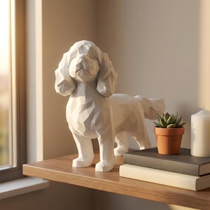 May include: A white geometric dog sculpture with a textured surface. The dog is standing on a wooden shelf, next to a small potted succulent, books, and a white candle. The sculpture has a modern, minimalist design.