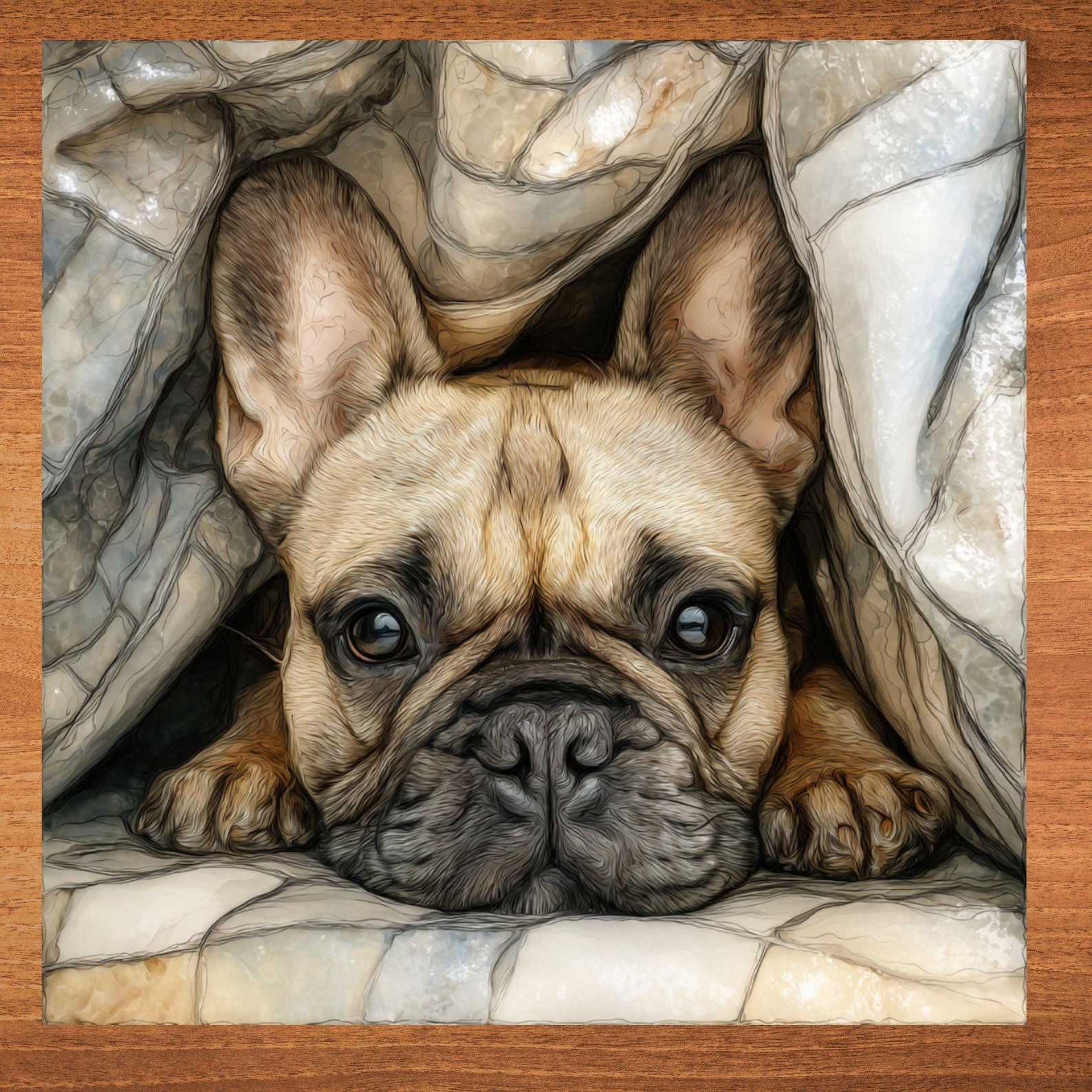 French Bulldog Under the Blanket Ceramic Tile