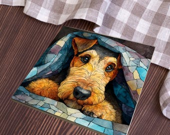 Airedale Terrier Under the Blanket Ceramic Tile thumbnail 4
