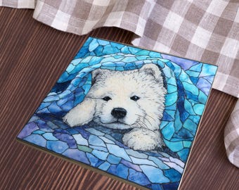 Samoyed Under the Blanket Ceramic Tile thumbnail 4