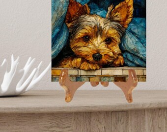 Yorkshire Terrier Under the Blanket Ceramic Tile thumbnail 2